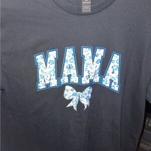 Black Graphic Tee with Blue Floral 'MAMA' Design